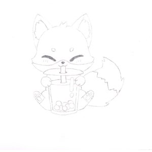 Hand Drawn Artwork.  Boba Fox.  Cute, Kawaii Fox