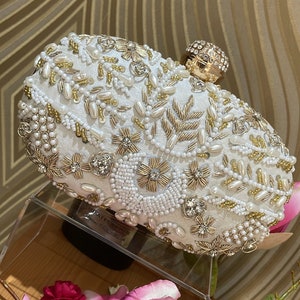 Beautiful clutch bag/pink/white pearl clutch/sequins work clutch/zardozi work clutch bag with chain/embroidered evening bag.