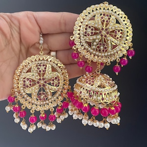 Jadau Jhumki Earrings and Tika set Light weight Indian Jewellery.