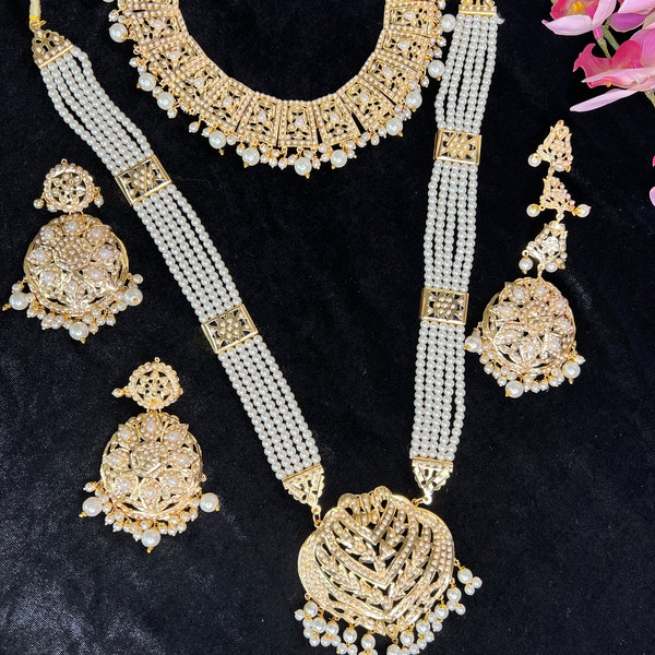 Gold Plated Navrattan Jadau Wedding Necklace Set With Chandbali Earrings/Sabyasachi Polki Gold Plated Bridal Choker Necklace Set/Punjabi