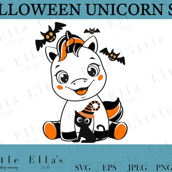 Halloween Unicorn SVG, Unicorn And Black Cat svg, Witches Hat svg, Happy Halloween Cat svg, Halloween cute files for cricut