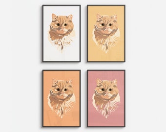 May include: Four framed prints of a cat with different colored backgrounds. The cat is a light brown color with orange fur and has a white chest. The backgrounds are white, yellow, orange, and pink.