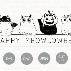 May include: Four black and white line drawings of cats dressed up for Halloween. The cats are dressed as a vampire, a ghost, a pumpkin, and a zombie. The text "HAPPY MEOWLOWEEN" is below the cats.