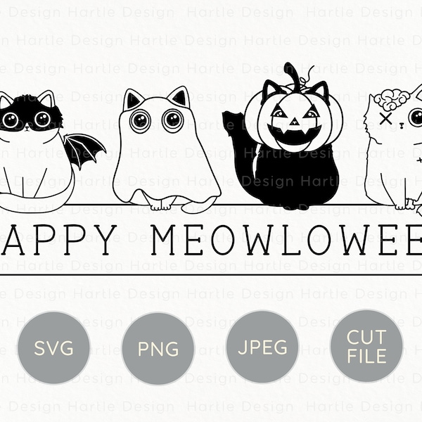 Meowloween Cats in Costume Outline SVG | Pumpkin Bat Ghost Zombie Black Cat Cut File Silhouette & Cricut | Halloween Cat Shirt Craft Graphic