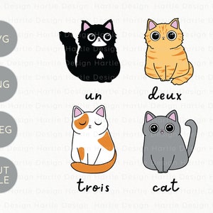 Archivo de corte SVG en capas de gatos franceses / Un Deux Trois Cat / Gráfico de vinilo para manualidades para Silhouette y Cricut / Regalo para el aula de profesores de francés