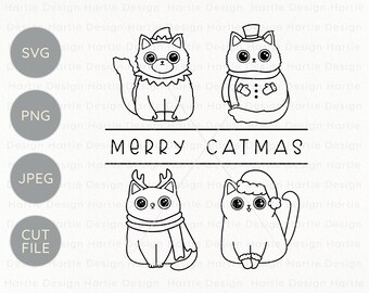 Merry Catmas Christmas Cats Outline SVG | Elf Santa Snowman Reindeer Cat Cut File Silhouette & Cricut | Christmas Craft Vinyl Graphic PNG
