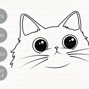 May include: A black and white line drawing of a cat's face with large, round eyes. The cat is looking directly at the viewer.