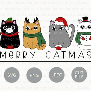 Merry Catmas Christmas Katzen Layered SVG | Elfe Schneemann Rentier Katze Silhouette & Cricut | Weihnachten Bastel Vinyl Grafik PNG