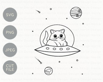 Katze im Raumschiff mit Sternen und Planeten SVG | Astronaut Katze Schnittdatei Silhouette & Cricut | Katzenliebhaber Vinyl und Gravur Grafik PNG