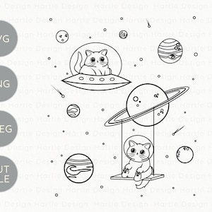 Katzen im Weltraum mit Sternen und Planeten SVG | Astronaut Katze Cut File für Silhouette & Cricut | Cat Lover Vinyl und Gravur Craft Grafik PNG