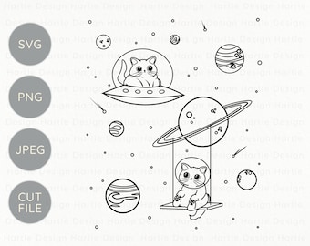 Katzen im Weltraum mit Sternen und Planeten SVG | Astronaut Katze Cut File für Silhouette & Cricut | Cat Lover Vinyl und Gravur Craft Grafik PNG