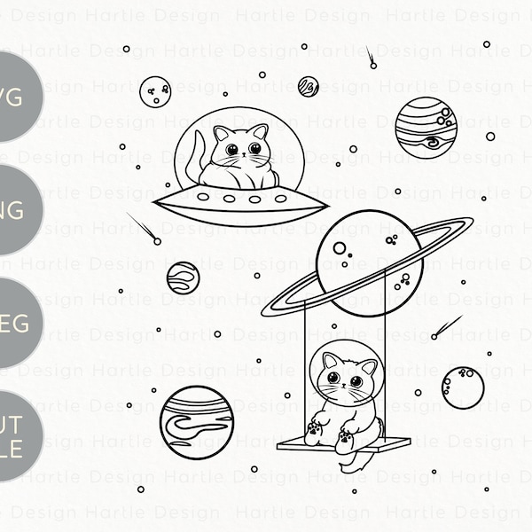 Cats in Space with Stars and Planets SVG | Astronaut Cat Cut File for Silhouette & Cricut | Cat Lover Vinyl and Engraving Craft Graphic PNG
