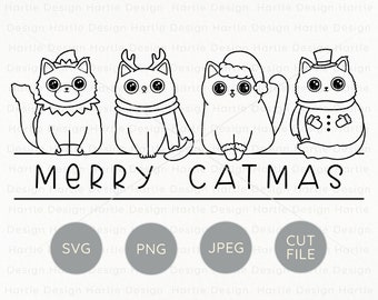 Merry Catmas Christmas Cats Outline SVG | Elf Santa Snowman Reindeer Cat Cut File Silhouette & Cricut | Christmas Craft Vinyl Graphic PNG