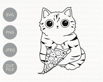 Cat Holding a Pizza Slice SVG | Pizza Cat Outline Cut File for Silhouette & Cricut | Cat Lover Vinyl and Engraving Crafting Graphic PNG