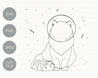 Astronaut Katze im All mit Sternen SVG | Minimale Katzen umrissdatei für Silhouette & Cricut| Katzenliebhaber Vinyl und Gravur Bastelgrafik