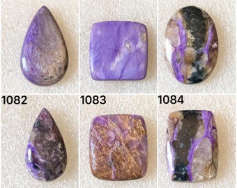 Gema cabochão de charoíta roxa natural, lote de gemas soltas de charoíta cabochão para atacado, usada para fabricação de joias (1079-1084)