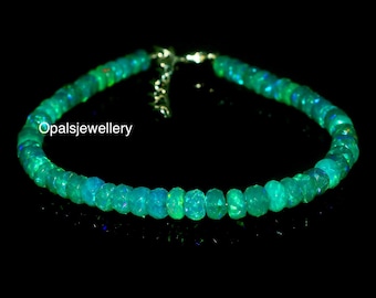Green Opal Bracelet,Ethiopian Opal Rondelle Faceted Beads Bracelet,Opal Bracelet 7 Inches, Fire Opal Bracelet,Opal Jewellery, Gift For Her