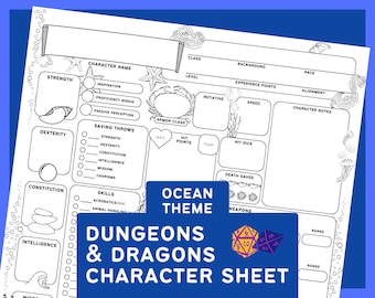 Hoja de personaje de DnD 5e / Tema de agua oceánica / Hoja de hechizos imprimible en PDF / Dungeons and Dragons / Descarga digital para juegos de rol de mesa