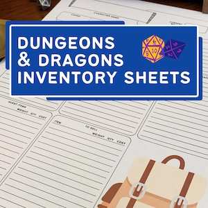 May include: A Dungeons & Dragons inventory sheet with columns for item, weight, quantity, and cost. The sheet is printed on white paper and has a blue border. A brown backpack is illustrated at the bottom of the sheet.