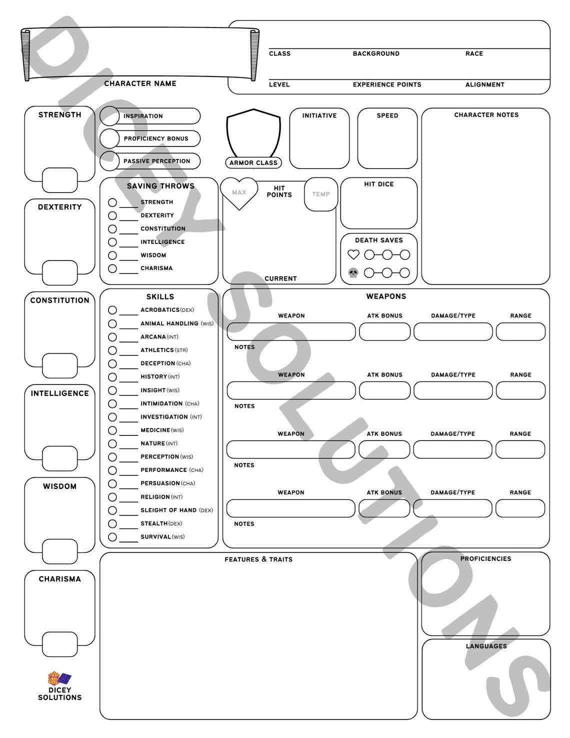 Dnd Character Sheet 5e and Spell Sheets Printable Pdfs for Dungeons and Dragons 5th Edition