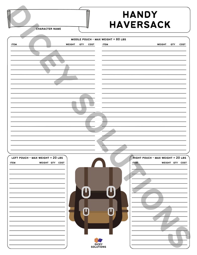 D&D Handy Haversack Sheet