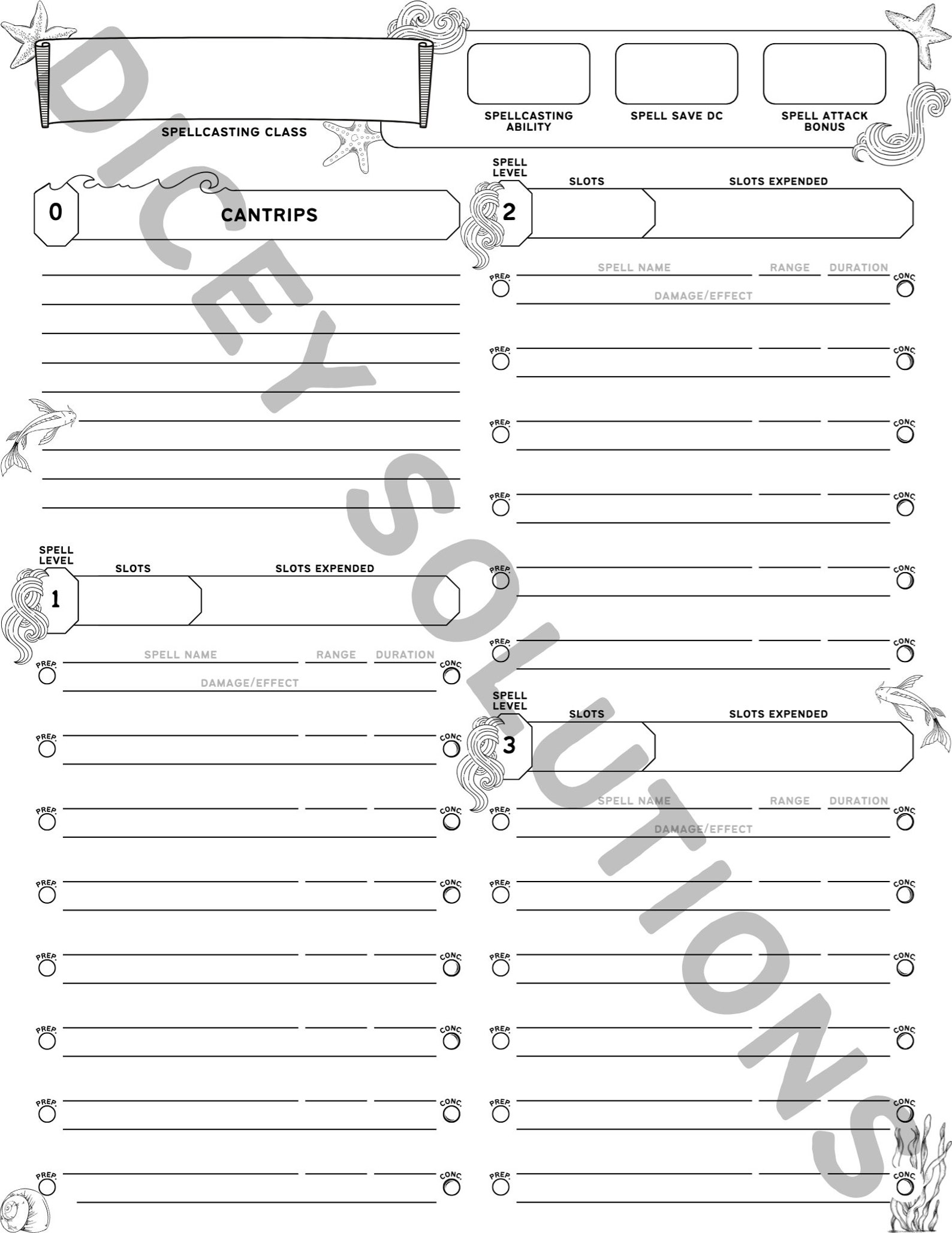 Dnd 5e Character Sheet and Spell Sheets Water Theme Printable Pdfs for