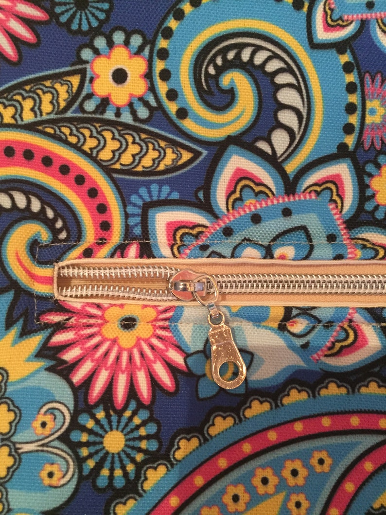 May include: Close-up of a fabric with a vibrant paisley pattern in shades of blue, yellow, pink, and black. A beige zipper with a silver pull is visible across the image, adding a functional element to the design.