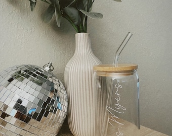 Glass Tumbler - Beer Can Glass - Iced Coffee Glass - Glass Coffee Cup - Wedding Gift - Trendy Glass Cup with Lid and Glass Straw