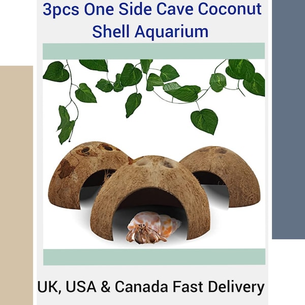 3 Set Coconut Shell Cave For Aquarium & Terrariums, Hideouts For Ornamental Fish Tank (Fishes Bearded Dragons Hamster Tortoise Hermit Crab)