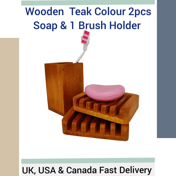Handmade 2 SOAP & 1 BRUSH HOLDER, Smooth Wooden Teak Colour Bathroom/Kitchen Accessories, Best Gift for Housewarming and Hotel Washroom Item