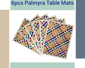 100% Hand Woven Natural Palmyra Leaves Square 6pcs Table Mats Pack for Home Table Décor Heat Resistant Non Slip Hotel Dining Table Placemats