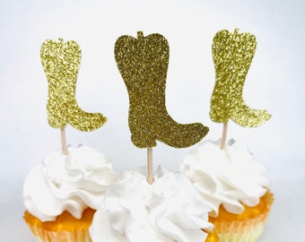 Cowgirl Boot Cupcake Toppers – Glitter Western Party Decor – Pink or Gold – Baby Shower or Bachelorette Theme