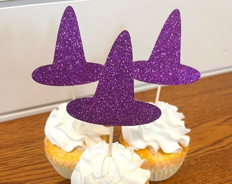 Witch Hat Cupcake Toppers – Purple Glitter Halloween Party Picks, Spooky Cupcake Decorations, Witch Birthday Decor