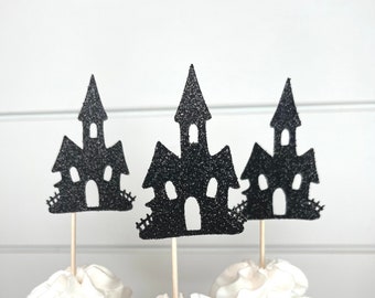 Haunted House Cupcake Toppers – Halloween Glitter Decor, Spooky Party Picks, Halloween Cupcake Decorations