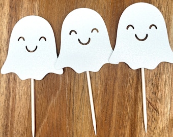 Cute Ghost Cupcake Toppers – White Glitter Halloween Party Picks, Happy Ghost Decorations, Boo Bash Party Decor
