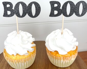 BOO Halloween Cupcake Topper – Black Glitter Spooky Party Decor, Trick or Treat Cupcake Picks, Halloween Decoration