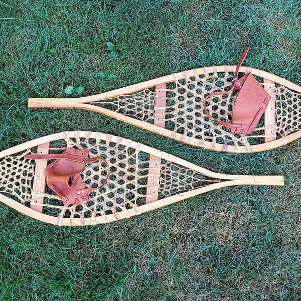 Vintage Snowshoes - Wood Rawhide Leather - Canadiana - Mid Century, Rustic Winter Decor, Cabin, Cottage, Christmas Holiday, Outdoor sports