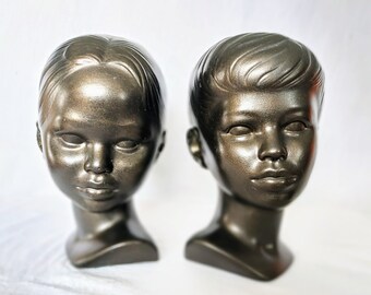 Vintage Mid-century Holland Head Bust Molds - Girl & Boy Sculptural Figure - 1970's Matte Bronze finish, MCM decor, Luxury Gift for her/him