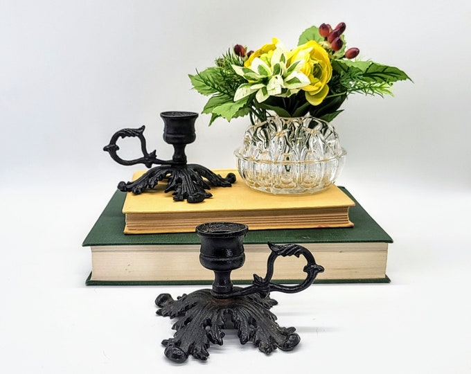 Antique Cast Iron Ornate Chamber, Candle Holder Pair Dark Acadrmia