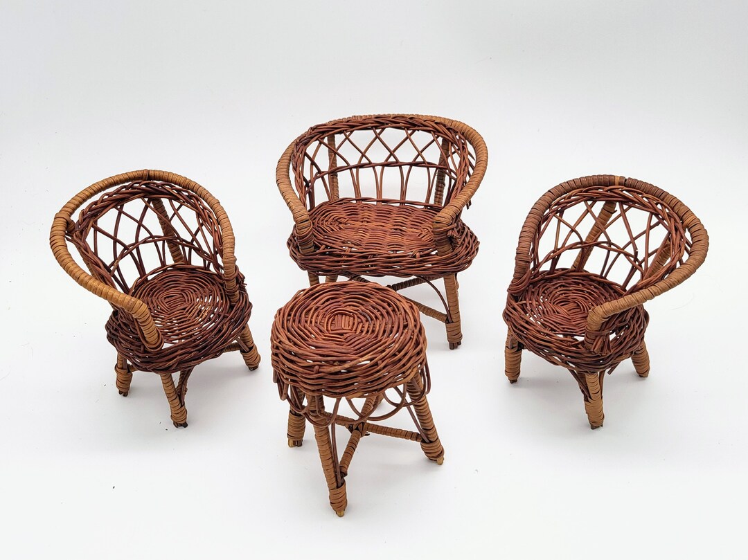 Vintage Wicker Doll Furniture Set of 4 Mini Boho Furniture, Mid Century