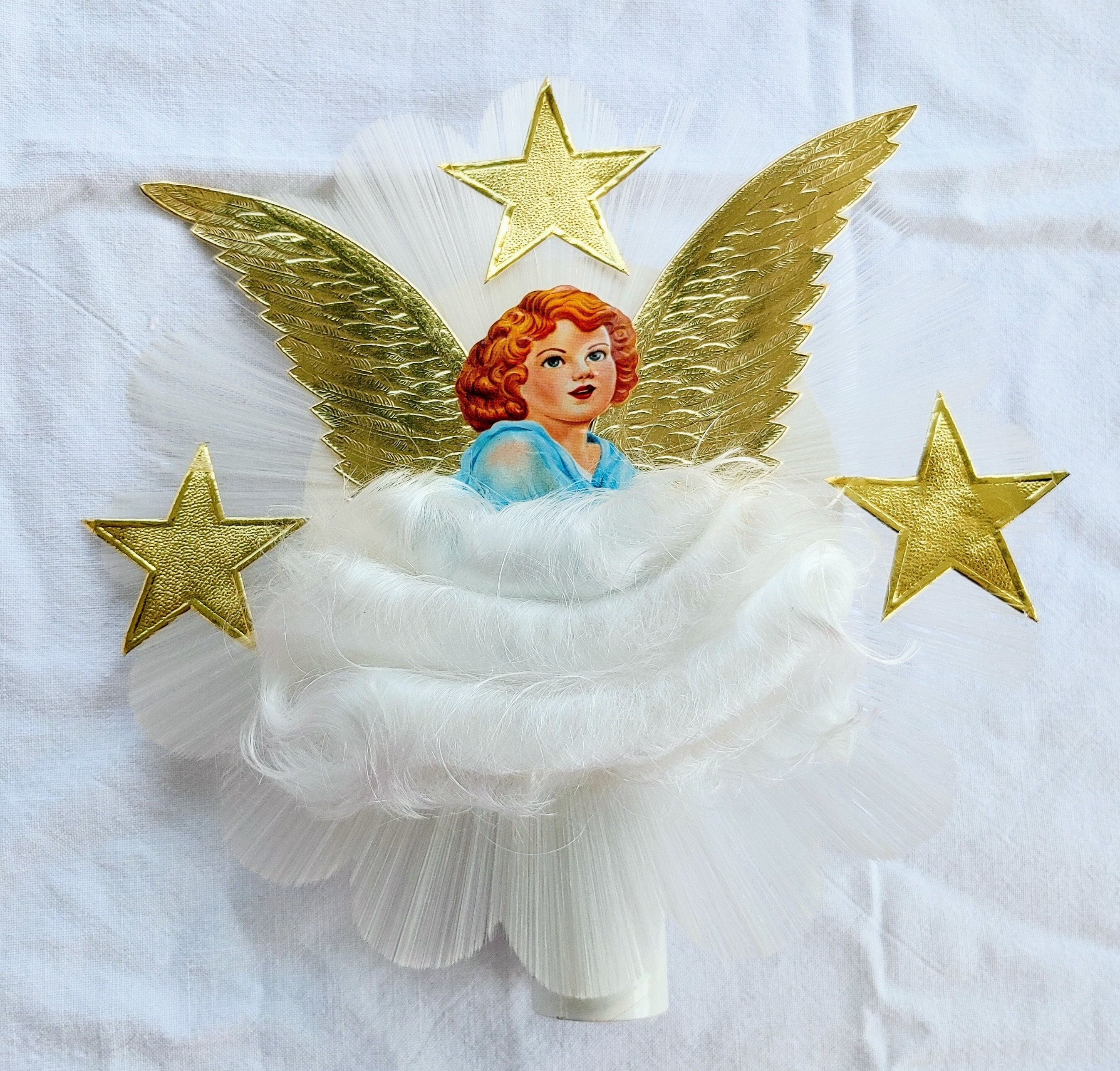 Vintage Spun Glass Tree Topper Angel With Litho Face Gold