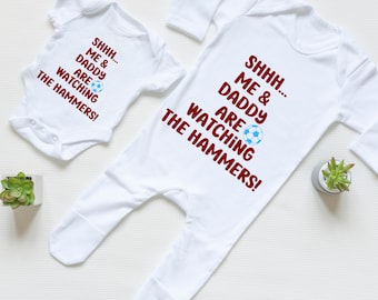 SHHH... Me And Daddy Are Watching The Hammers Fun Baby Bodysuit Baby Grow Sizes 0-12 M Baby Shower Gift Idea Football New Baby