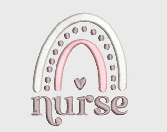 May include: A pink and white rainbow with a small heart in the center and the word "nurse" below it.