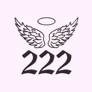 以下が含まれることがあります： 天使の羽根と、その上に光輪、その下に222という数字が描かれた白黒の画像です。
