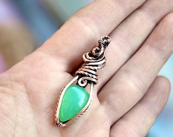 Chrysoprase Pendant, Oxidized Copper Wire Wrapped, 20" Chain