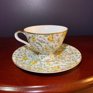 Kaduna Ware Footed Tea Cup and Saucer Hand Painted Yellow Roses