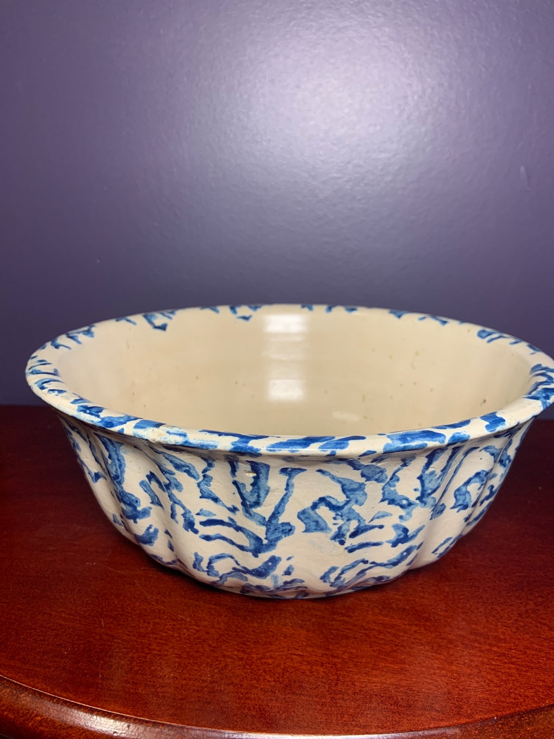 19th Century Blue Spongeware Pottery Fluted Fruit Bowl. Good Condition Considering the Age