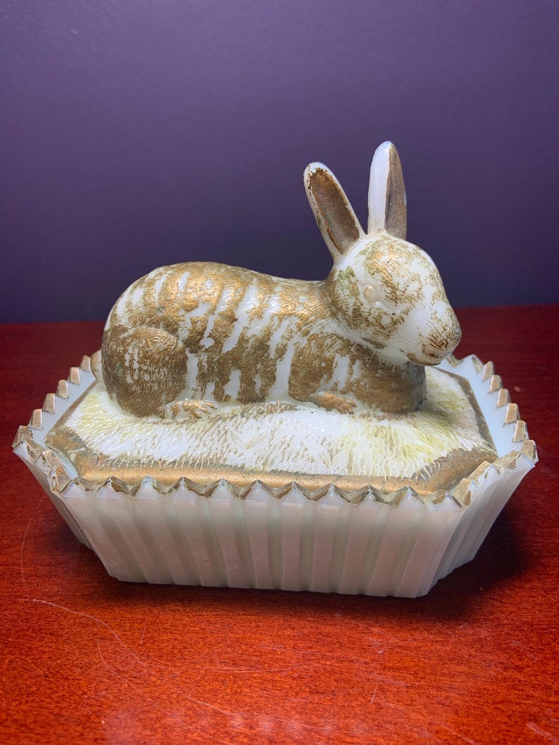 Vintage Westmoreland White Milk Glass Rabbit on Nest Powder Box or ...
