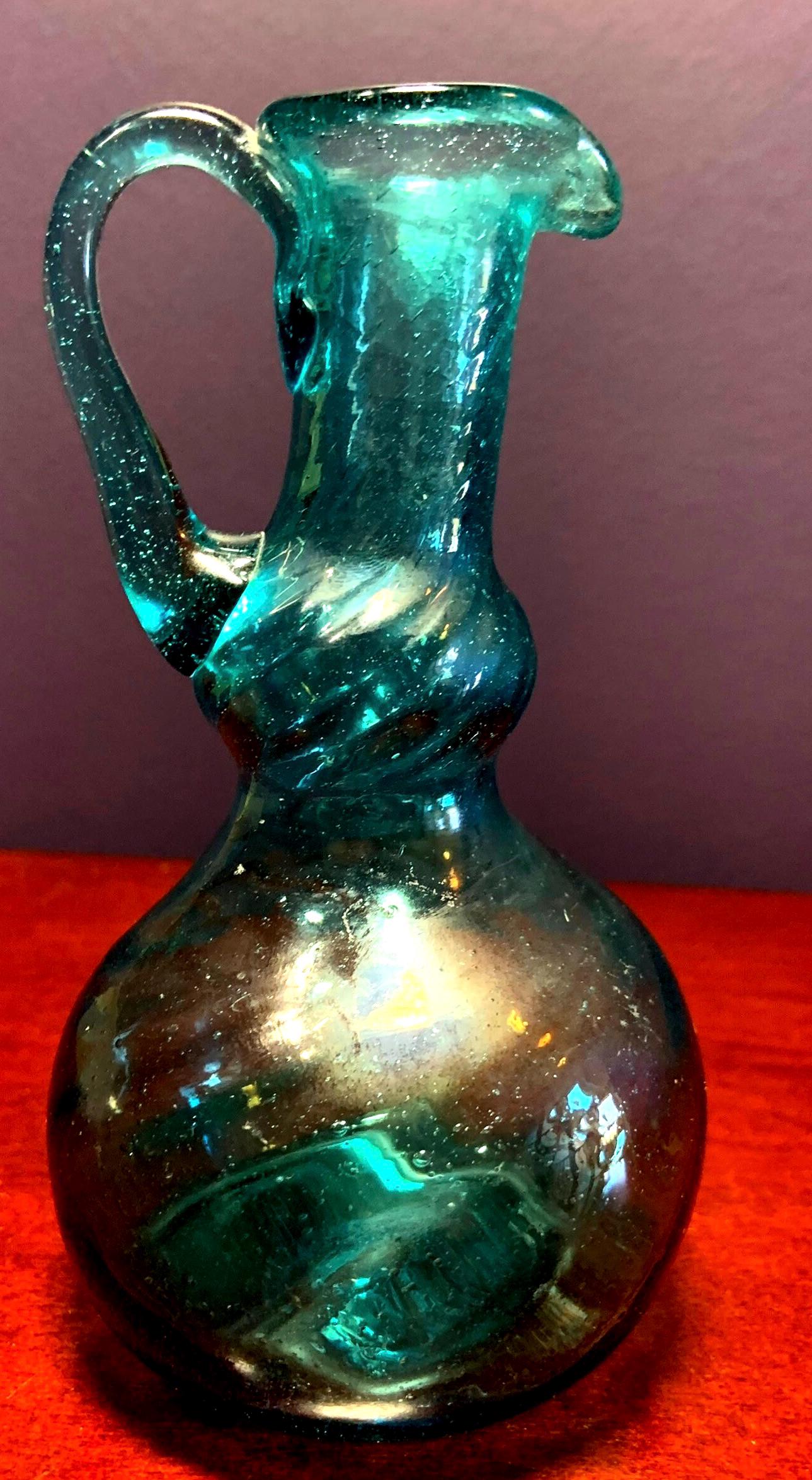 Vintage Aqua Blue Depression Glass Cruet with Diagonal Swirls.  No stopper