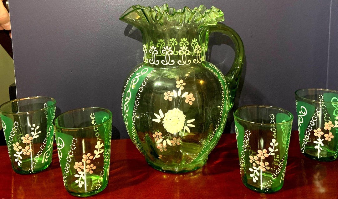 Green Depression Glass Lemonade Pitcher With 4 Glasses. Hand  Painted/enameled in a Floral Design. - Etsy
